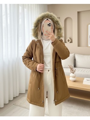 Moda Morfo Bolero Detaylı Kürklü Kapşonlu Içi Peluşlu Mont -Taba