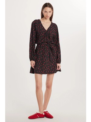 Tudors Kadın Slim Fit Dar Kesim Uzun Kollu Bağlamalı V Yaka Baskılı Viskon Elbise