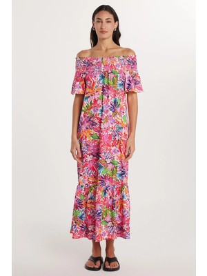 Tudors Kadın Slim Fit Dar Kesim Kısa Kollu Gofre Kumaş Straplez Baskılı Elbise