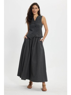 Tudors Kadın Slim Fit Dar Kesim %100 Pamuk V Yaka Çift Cepli Antrasit Etek Yelek Takım