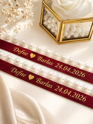 Frisson Söz Nişan Yüzük Kurdelesi Dökülmeyen Boncuk Bordo Kurdele