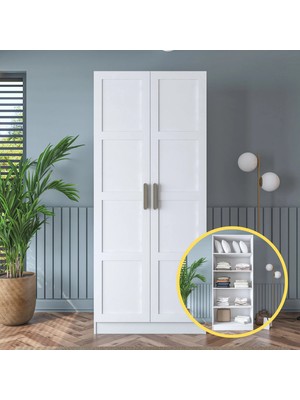 Rani BA188 Membran Kapaklı Gardırop 4 Raflı 2 Kapaklı Elbise Dolabı Beyaz