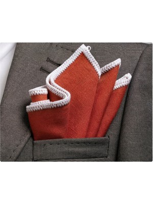 Exve Exclusive Kiremit Rengi Keten Kenarı Beyaz El Işi Örgülü Cep Aksesuarı Yaka Mendili