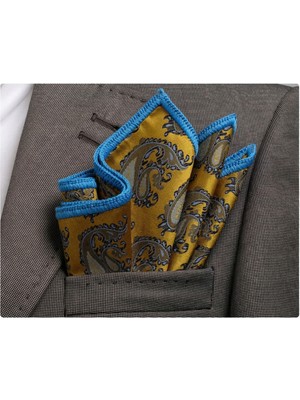 Exve Exclusive Altın Üzeri Mavi Şal Desen Kenarı Mavi El Işi Örgülü Cep Aksesuarı Yaka Mendili