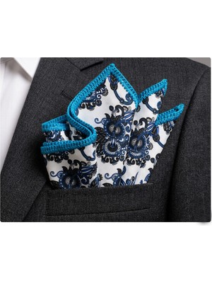 Exve Exclusive Beyaz Üzerine Mavi Şal Desenli Pamuk Kenarı El Işi Örgülü Cep Aksesuarı Yaka Mendili