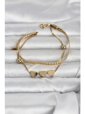 Pileli Store 316L Çelik Gold Renk Ezme Zincir ve Kalpli Kadın Bileklik