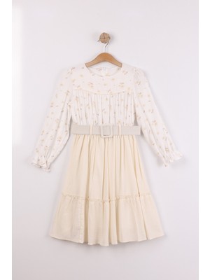 Joy Kids Kız Çocuk Kemerli Basic Uzun Kollu Elbise (9-12YAŞ) (Ekru)