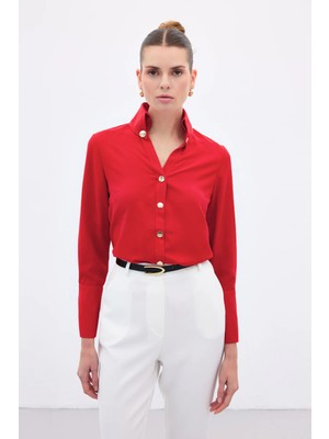 Sateen Çıt Çıt Detaylı Gömlek - Kırmızı
