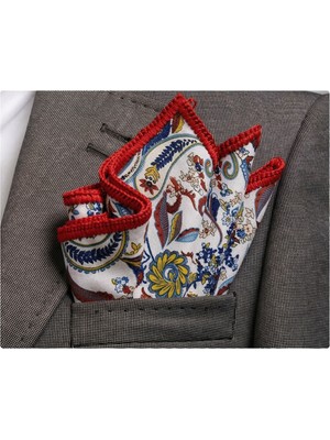 Exve Exclusive Ekru Üzeri Renkli Şal Desenli Viskon El Işi Örgülü Cep Aksesuarı Yaka Mendili