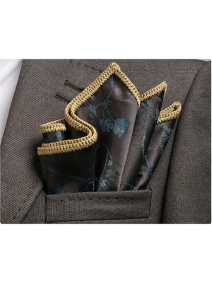 Exve Exclusive Kahverengi Saten Dokuma Çiçekli Kenarı El Işi Örgülü Cep Aksesuarı Yaka Mendili