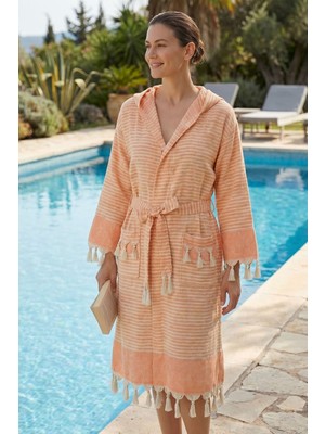 Kapşonlu Unisex Peştemal Plaj Bornozu %100 Pamuklu Seaside Stripe