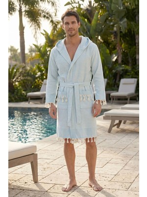 Kapşonlu Unisex Peştemal Plaj Bornozu %100 Pamuklu Seaside Stripe