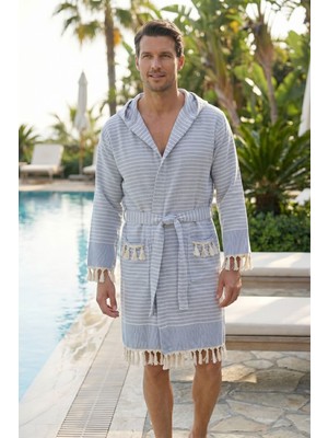 Kapşonlu Unisex Peştemal Plaj Bornozu %100 Pamuklu Seaside Stripe