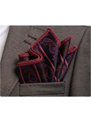 Exve Exclusive Siyah Üzeri Kırmızı Bordo Şal Desenli Jakar El Işi Örgülü Cep Aksesuarı Yaka Mendili