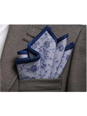 Exve Exclusive Mavi Üzeri Lacivert Çiçekli Pamuk Kenarı El Işi Örgülü Cep Aksesuarı Yaka Mendili