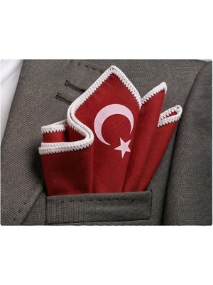 Exve Exclusive Kırmızı Beyaz Türk Bayraklı Baskılı Kenarı El Işi Örgülü Cep Aksesuarı Yaka Mendili