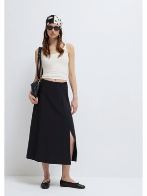 Mavi Keten Karışımlı Siyah Midi Etek 1310849-900