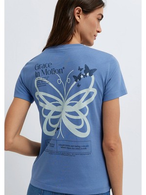 Mavi Kelebek Baskılı Mavi Tişört 1613870-70728