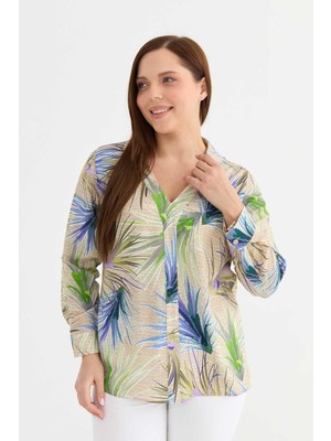 Selen Büyük Beden Şömizye Yaka Uzun Kol Emprime Bluz  /  Mor