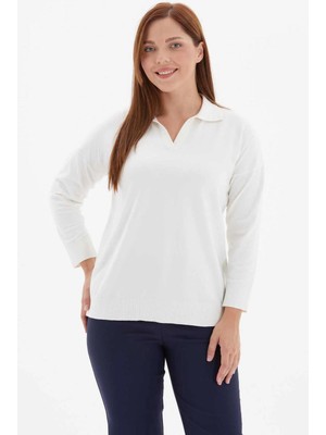 Selen Büyük Beden Şömizye Yaka Düşük Kol Triko Bluz  /  Ekru