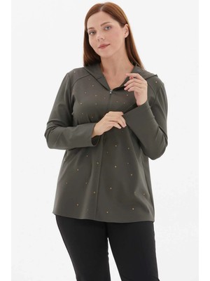 Selen Büyük Beden Kapüşonlu Önü Troklu Bluz  /  Haki