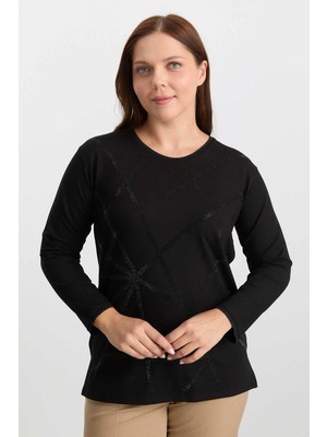 Selen Büyük Beden Şerit Taşlı Ince Ribanalı Triko Bluz  /  Siyah