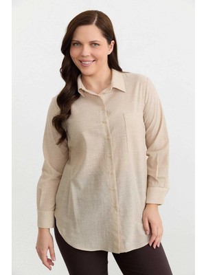 Selen Büyük Beden Göğüs Cepli Çizgili Koton Bluz  /  Bej