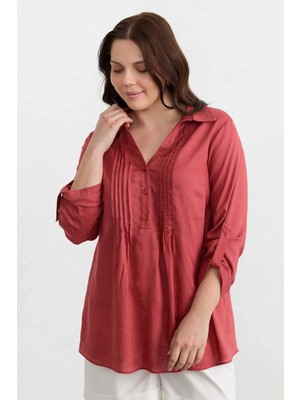 Selen Büyük Beden Önü Nervürlü Kolu Kıvırmalı Keten Bluz  /  Mercan