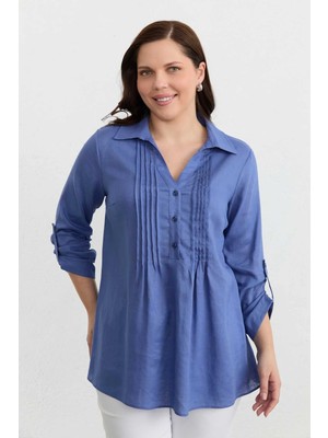 Selen Büyük Beden Önü Nervürlü Kolu Kıvırmalı Keten Bluz  /  Mavi