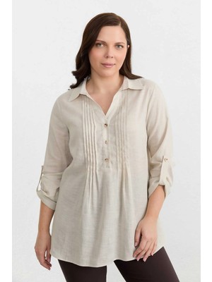 Selen Büyük Beden Önü Nervürlü Kolu Kıvırmalı Keten Bluz  /  Taş