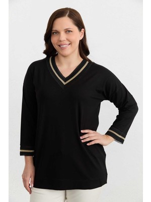 Selen Büyük Beden Uzun Kol Gold Ribanalı Penye Bluz  /  Siyah
