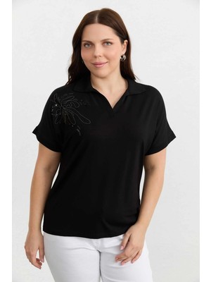 Selen Büyük Beden Düşük Kol Omuzu Payetli Penye Bluz  /  Siyah