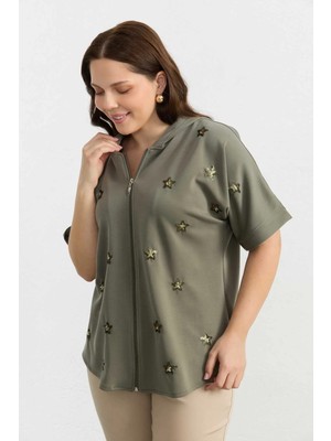 Selen Büyük Beden Önü Yıldız Aksesuarlı Örme Bluz  /  Haki