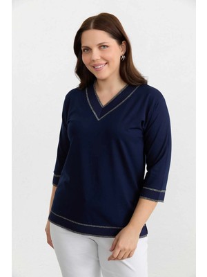 Selen Büyük Beden V Yaka Simli Ribanalı Penye Bluz  /  Lacivert
