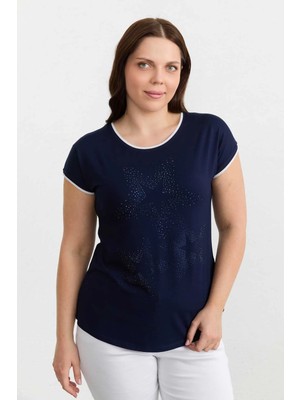 Selen Büyük Beden Önü Yıldız Taşlı Ribanalı Penye Bluz  /  Lacivert