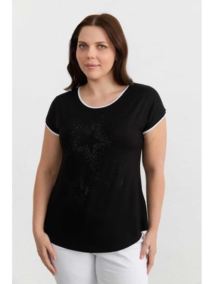 Selen Büyük Beden Önü Yıldız Taşlı Ribanalı Penye Bluz  /  Siyah