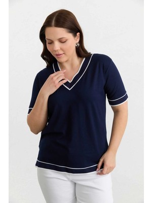 Selen Büyük Beden V Yaka Kısa Kol Ribanalı Penye Bluz  /  Lacivert