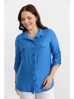 Selen Büyük Beden Çift Cepli Kolu Kıvırmalı Bluz  /  Mavi