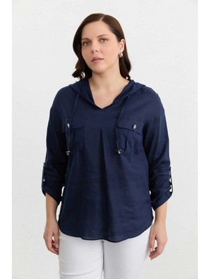 Selen Büyük Beden Dıştan Cep Kapüşonlu Keten Bluz  /  Lacivert