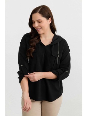 Selen Büyük Beden Kapüşon Ipi Taşlı Örme Bluz  /  Siyah