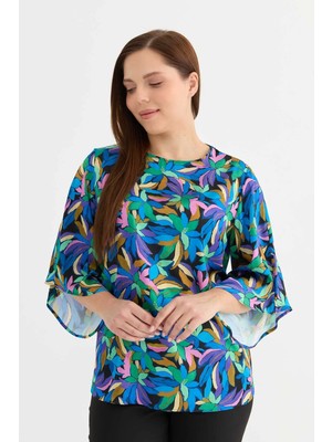 Selen Büyük Beden Soyut Desen Kolu Dökümlü Bluz  /  Saks
