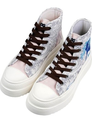 Dogo Kadın Vegan Bej Kalın Taban High Sneakers - Japanese Waves Tasarım