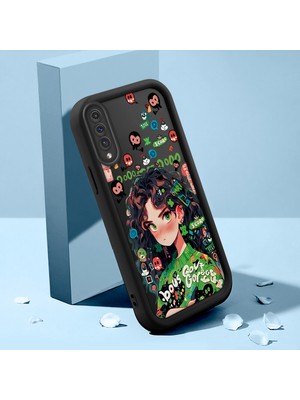 HONTINGA Samsung Galaxy A30S ile Uyumlu Kılıfı Düşüme Önleyici Basitlik Anti Düşme Kamera Korumali Şirin Kedi Güzel Kız Siyah Desen Yumuşak Silikon Telefon Kılıfı Kadın ve Erkek Için Uygundur K2-0058