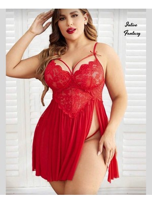 Intive Lingerie Intive Curvy Büyük Beden Yan Yırtmaçlı Göğsü Dantelli Eteği Transparan Gecelik