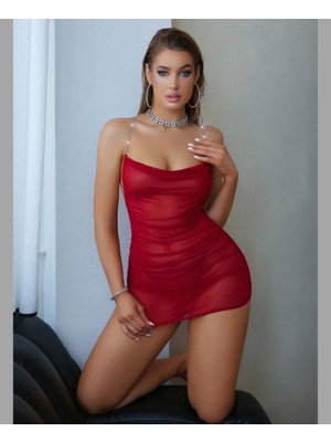 Intive Lingerie Intive Fantasy Kırmızı Arkası Çapraz Zincir Detaylı Transparan Mini Gecelik