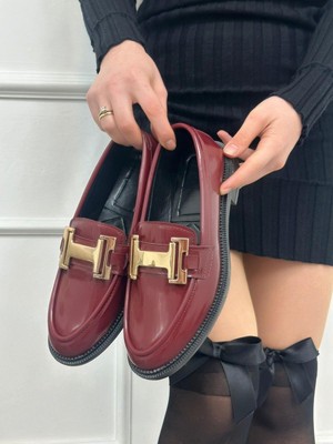 Erva'nın Butiği Bordo Rugan ( Ellie) Gold Toka Detay Ortopedik Taban Kadın Loafer
