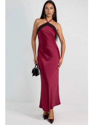 Hiccup Kadınlar Askılı ve Dantel Detaylı Maksi Elbise Bordo Kırmızı