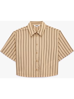 Koton Salda Kumaş Regular Fit Kısa Kollu Çizgili Crop Gömlek