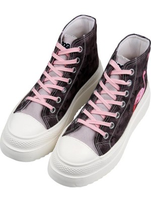 Dogo Kadın Vegan Kahverengi Kalın Taban High Sneakers - Brown Tropical Tasarım