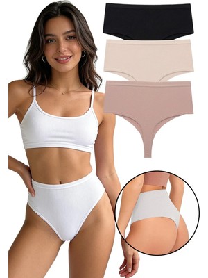 Sensu Kadın Yüksek Bel Tanga Fitilli Külot 3'lü Paket Siyah